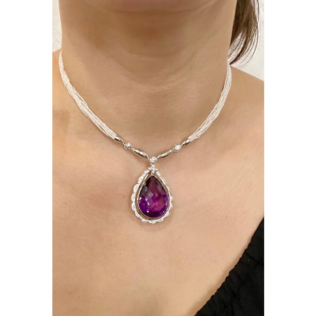 54 Carat Tear Drop Amethyst and Diamonds with Seed Pearl Necklace 18 Karat Gold For Sale - Image 9 of 18