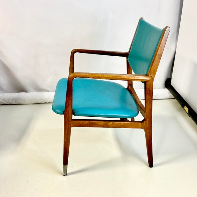 Mid-Century Modern Boho Chic Contemporary Turquiose Vinyl and Teak Wood Arm Side Chair For Sale - Image 6 of 8