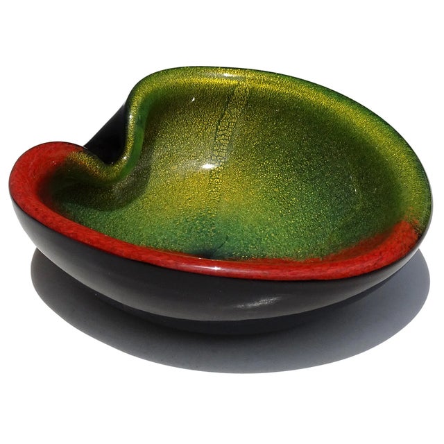 Vintage Murano Half Red Green Gold Flecks on Black Italian Art Glass Heart Shape Decorative Bowl For Sale In Orlando - Image 6 of 10