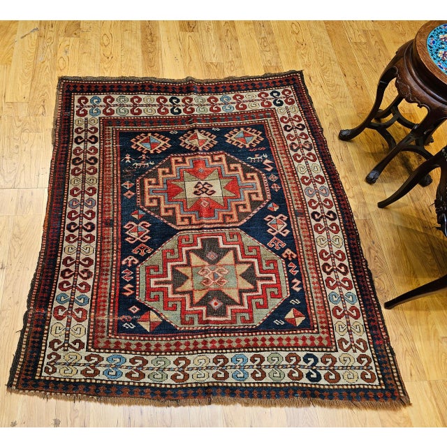 19th Century Antique Caucasian Kazak Area Rug, Hand-Knotted Wool, Geometric Medallion Pattern, 5x5 For Sale - Image 5 of 18