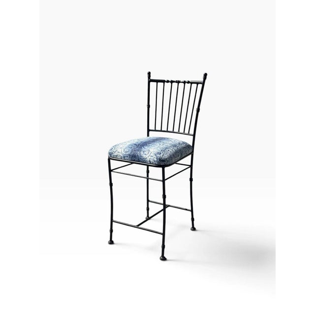 Faux Bamboo Wrought Iron Counter Stool | Spindle Back & Blue Damask Seat | Sold Individually, 5 Available For Sale - Image 4 of 12