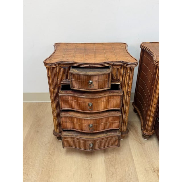 Brown Vintage Nightstands Split Bamboo Reed Four Drawer British Colonial Pair Coastal Regency, Pair For Sale - Image 8 of 12
