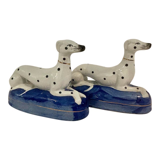Vintage Staffordshire Style Dalmatian Dog Ceramic Bookends on Cobalt Blue Bases – A Pair For Sale