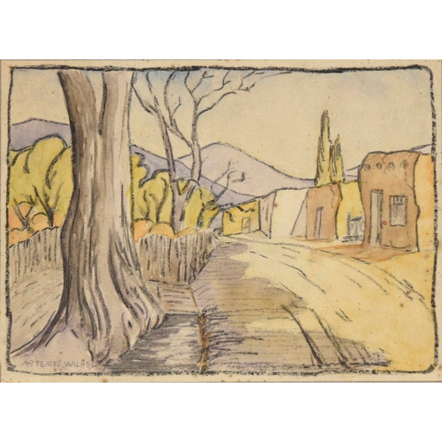 Watercolor of a village by Artemis Wilhelm (American, 20th Century). Bold pastel outlines create solid shapes, filled with...