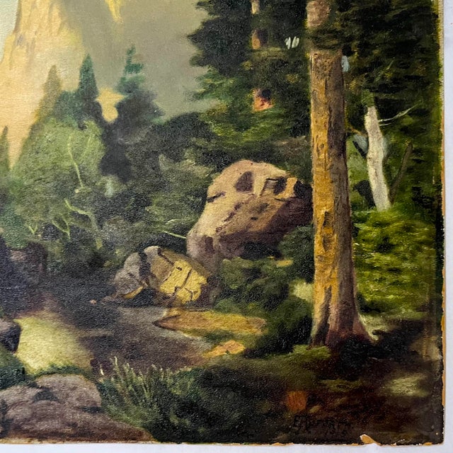 Sentinel Rock Through Pines Yosemite Oil on Board - After Thomas Moran Circa 1915 For Sale - Image 6 of 12
