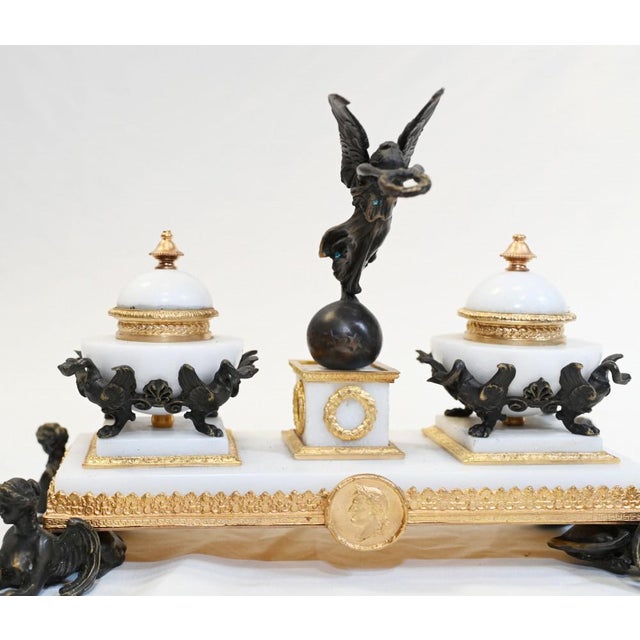White Empire French Marble Inkwell Bronze Sphinx For Sale - Image 8 of 10