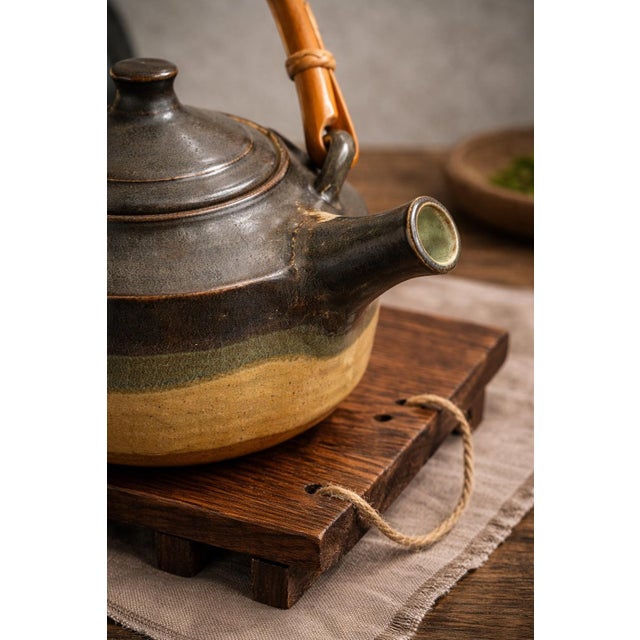 1970s 1979 Signed Walker Studio Pottery Teapot With Bamboo Handle & Wood Platform For Sale - Image 5 of 12