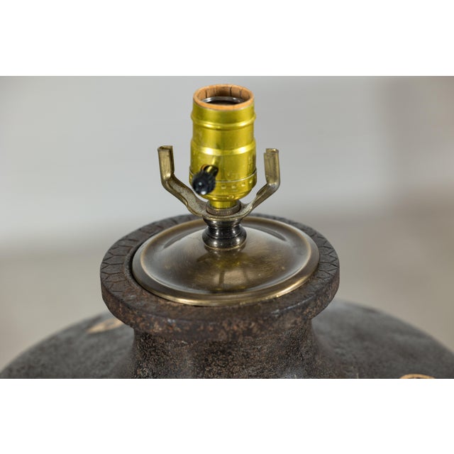 Metal Vintage Indian Metal Jug Converted to Table Lamp with Hand-Painted Script For Sale - Image 7 of 16