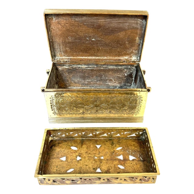 Cast Brass Engraved Brazier Box with Pierced Charcoal Tray, North India For Sale