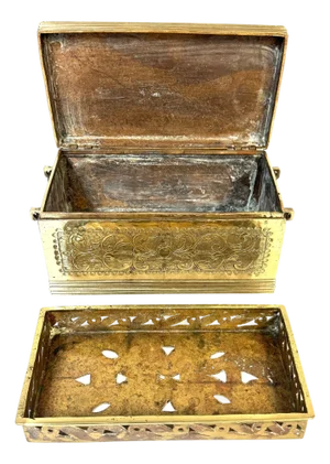 Cast Brass Engraved Brazier Box with Pierced Charcoal Tray, North India