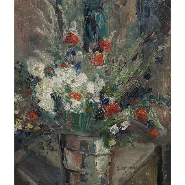 This beautifully composed floral still life has wonderful presence, color, and energy, with a loosely gathered bouquet...