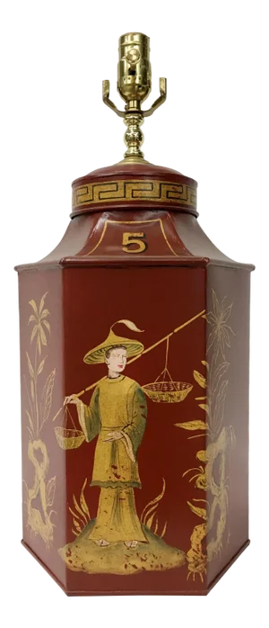 1970s Red Chinoiserie Tea Caddy Lamp