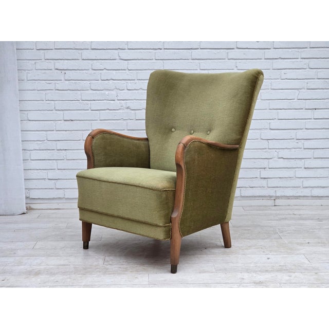 1960s Danish Beech Highback Armchair with Velour Upholstery, 1960s For Sale - Image 5 of 18