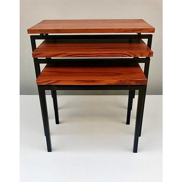 Modern Nesting Tables in Teak and Black Iron by Cees Braakman for Pastoe, 1950s, Set of 3 For Sale - Image 3 of 13