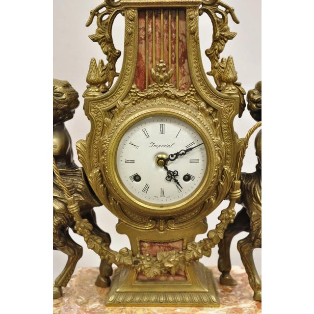 Vintage French Louis XV Style Brevetatto Italy Brass Marble Figural Cherub Clock For Sale - Image 4 of 12