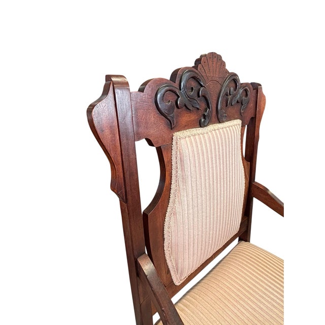 Antique Victorian Carved Wood Armchair With Striped Silk Upholstery For Sale - Image 9 of 10