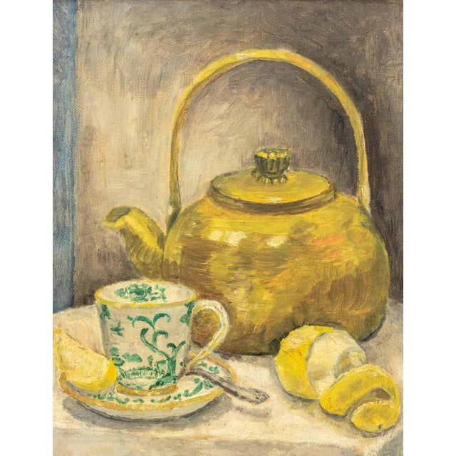20th Century School, Still Life Scene of a Lemon, Teapot, Cup and Saucer, Oil on Canvas Panel, unsigned, blue painted wood...