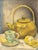 20th Century School, Still Life Scene of a Lemon, Teapot, Cup and Saucer, Oil on Canvas Panel, unsigned, blue painted wood...