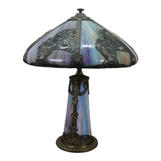 Antique Victorian Aesthetic Arts Nouveau Stained Slag Glass Parlor Lamp 25" For Sale