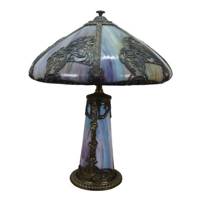 Antique Victorian Aesthetic Arts Nouveau Stained Slag Glass Parlor Lamp 25" For Sale