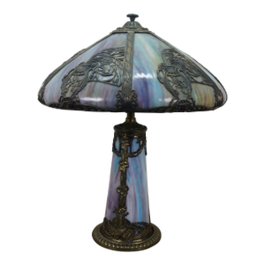 Antique Victorian Aesthetic Arts Nouveau Stained Slag Glass Parlor Lamp 25"