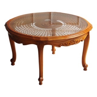 Louis Philippe Round Coffee Table with Wickerwork and Glass Top For Sale