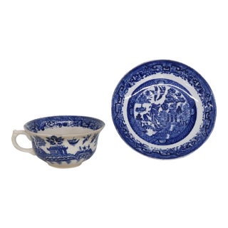 Early 20th Century Allertons England Tea Coffee Cup and Saucer 2pc Set White and Blue Ceramic For Sale