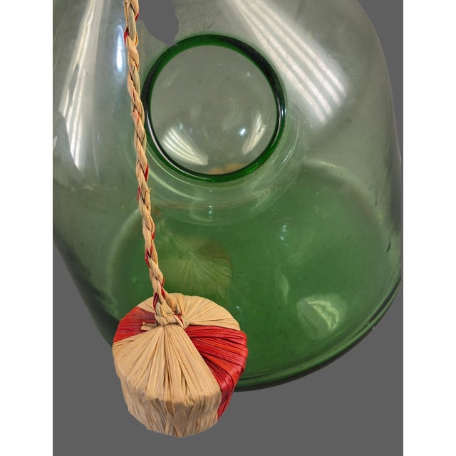 Glass Vintage Hand Blown Italian Green Glass Wine Decanter Ice Chamber Raffia Stopper For Sale - Image 7 of 9