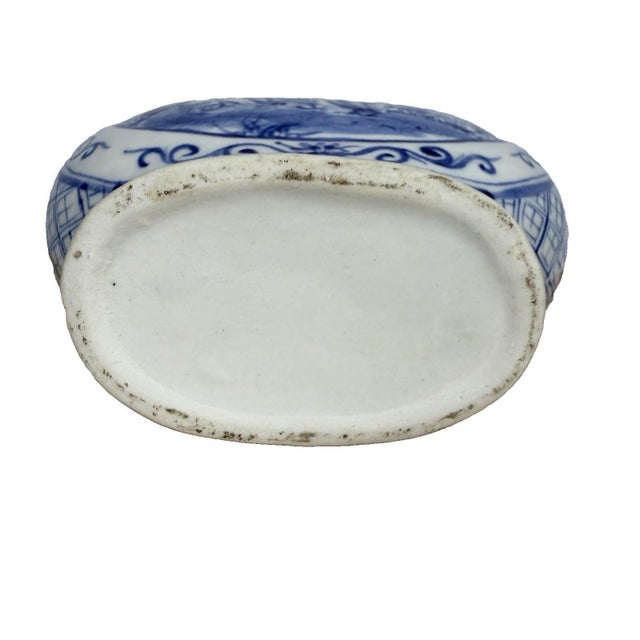 Ceramic 1970s Chinese Blue White Double Handle Moon Flask Porcelain Vase 10.5" People Theme For Sale - Image 7 of 8