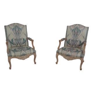 Pair Vintage French Louis XV Carved Open Arm Library Chairs For Sale