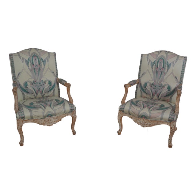 Pair Vintage French Louis XV Carved Open Arm Library Chairs For Sale