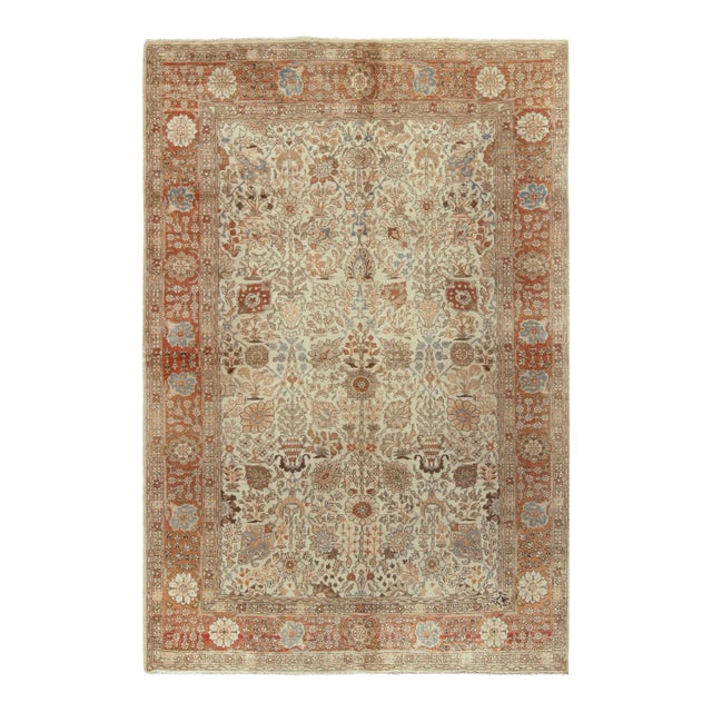 Antique Persian Tabriz Rug in an All Over Orange,Off White,Brown Floral Pattern For Sale