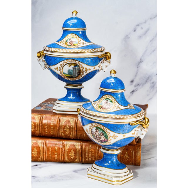 Traditional Pair of Hand Painted Antique Blue and Gold Porcelain Covered Urns For Sale - Image 3 of 18