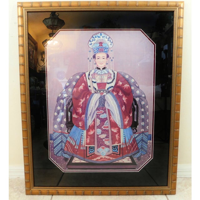 Large Pair Vintage Oriental Asian Chinese Figural Gold Faux Bamboo Framed Wall Art Pictures For Sale - Image 4 of 8