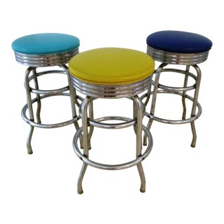 Mid-Century Multicolor Chrome Stools - Set of 3 For Sale