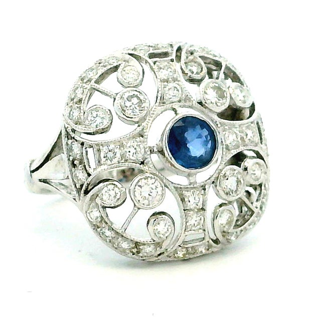 Antique-Style 14K White Gold Sapphire & Diamond Filigree Ring For Sale - Image 11 of 12