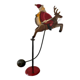 Vintage Folk Art Articulated Balancing Santa on Reindeer For Sale