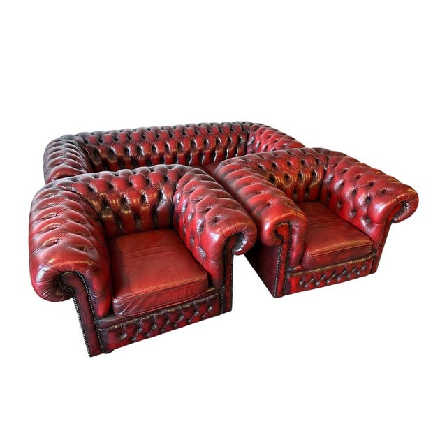 Leather Chesterfield Sofa and Armchairs, Set of 3 For Sale - Image 3 of 9