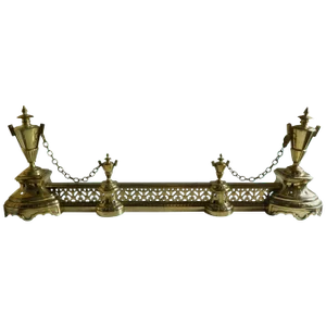 Polished Brass Chenets or Andirons With a Fender, Large and Small Urns - a Pair