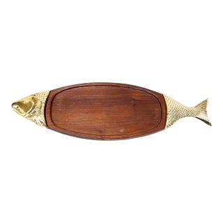 Vintage Mid-Century Wood & Brass Japanese Fish Serving Tray / Platter For Sale