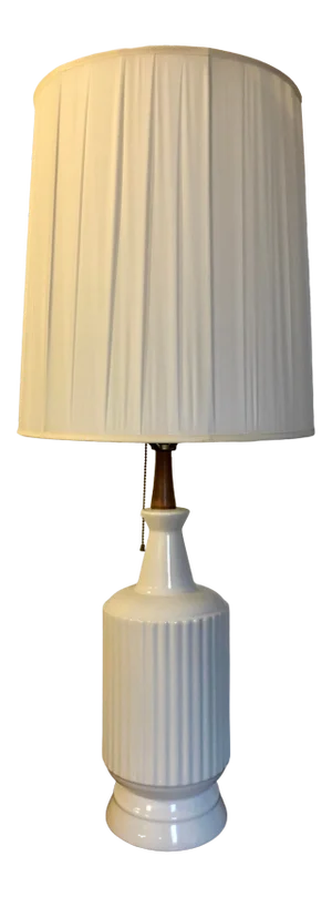 Mid-Century Modern Ivory + Teak Fluted Table Lamp
