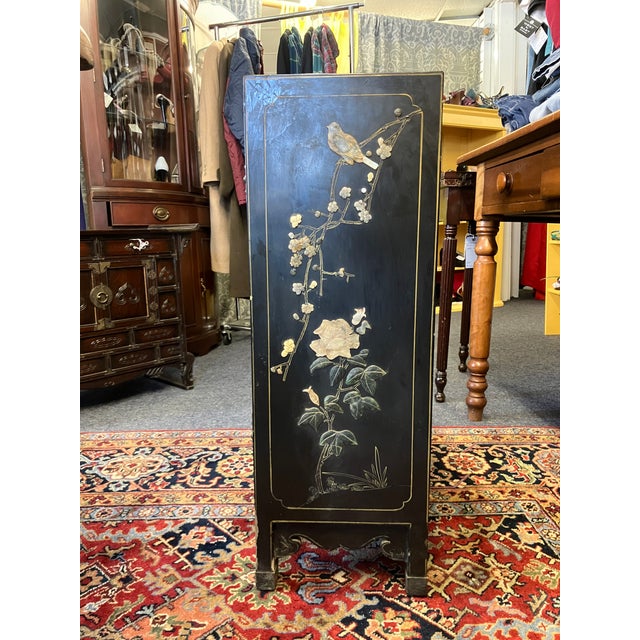 Wood Antique Chinese Black Lacquer Cabinet W Jade Inlay of Bird & Floral Motif For Sale - Image 7 of 17