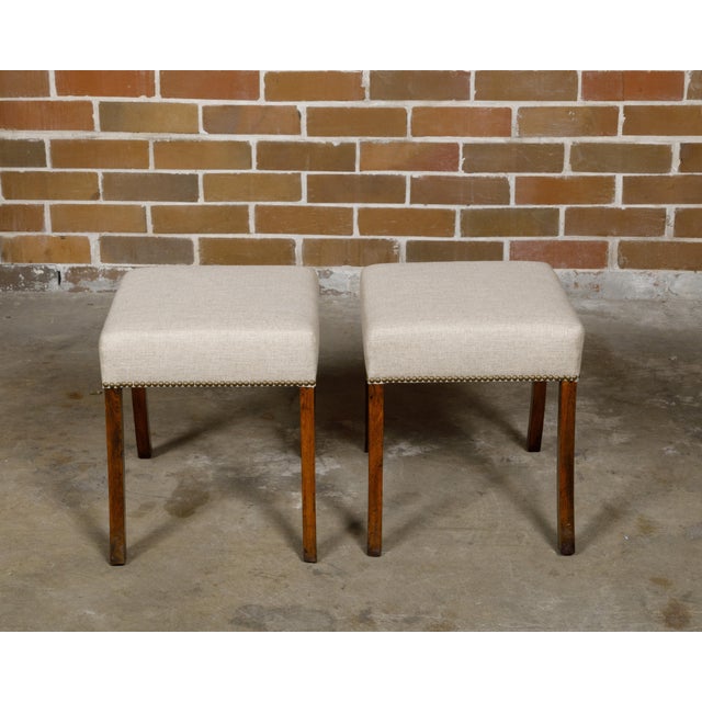 Brown Pair of English 19th Century Oak Stools with Saber Legs and Custom Upholstery For Sale - Image 8 of 12