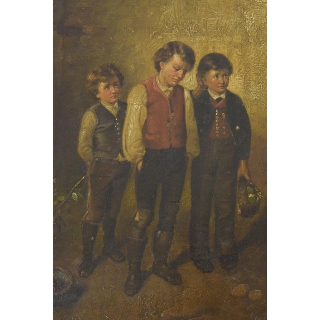 19th-Century Oil on Canvas in Gold Frame of three (3) young mischievous boys receiving a stern lecture. Frame measures...