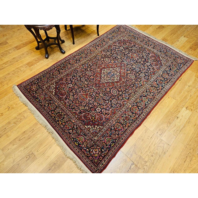 Red Vintage Persian Kashan Area Rug, Hand-Knotted Wool, Floral Pattern, Navy & Red, 5x7 For Sale - Image 8 of 16