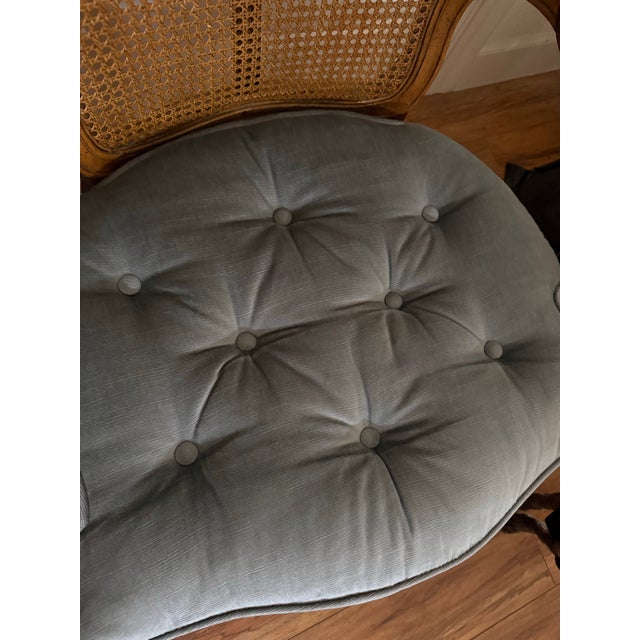 This Drexel Heritage chair is so beautiful. Well made with original soft light blue upholstery. Cane back. Very spacious...