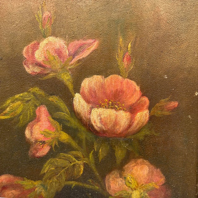 Mid to Late 1800s Oil on Panel Still Life of Pink Roses. For Sale - Image 4 of 8