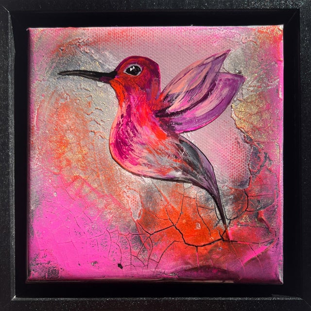 Hummingbird #1 by Ana Hefco | Tinted Layered Resin on Stretched Canvas of a hummingbird in flight For Sale