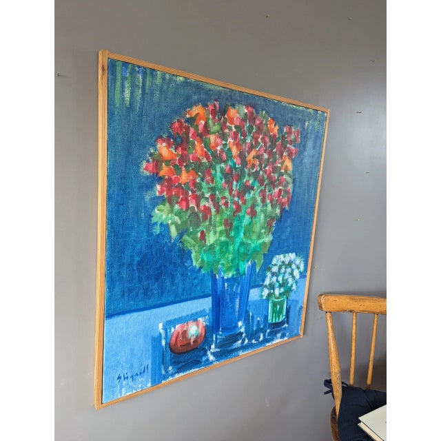 Mid-Century Modern 'Floral by Blue' Vintage Original Swedish Still Life Oil Painting, Framed For Sale - Image 4 of 11
