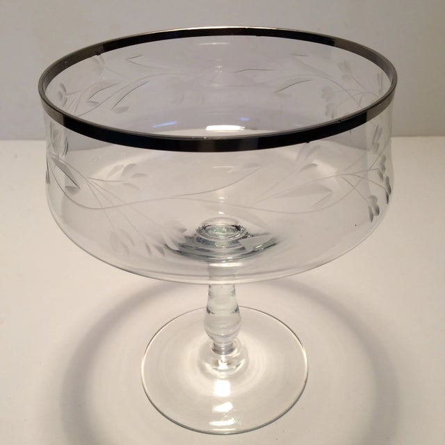 Mid-Century Modern Platinum Rim Floral Etched Crystal Pedestal Bowl For Sale - Image 3 of 11